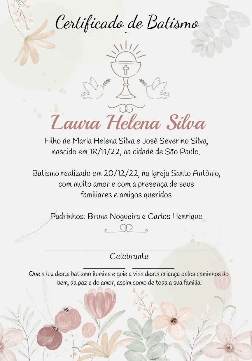Certificado de Batismo Floral Delicado para Editar Online