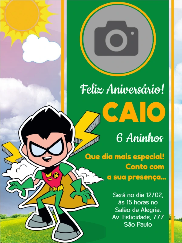 Convite Aniversário Robin Jovens Titãs com Foto para Editar