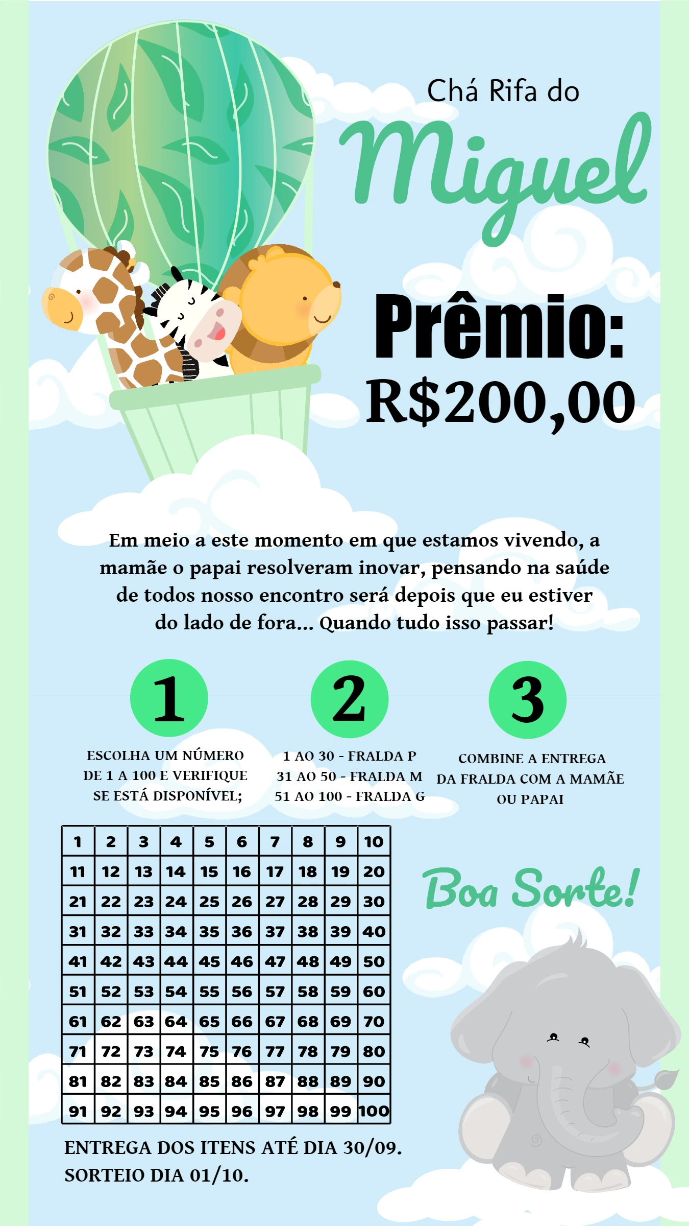 Convite Chá Rifa Safari com Animais no Balão para Editar