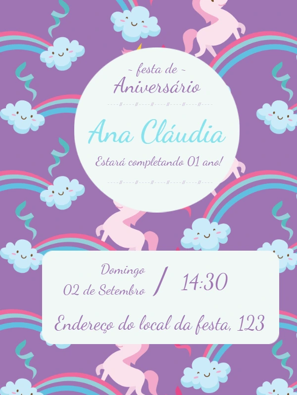 Convite de Aniversário Unicórnio Fofo para Editar Online