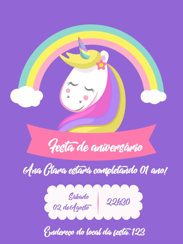 Convite de Aniversário Unicórnio Mágico para Editar Online