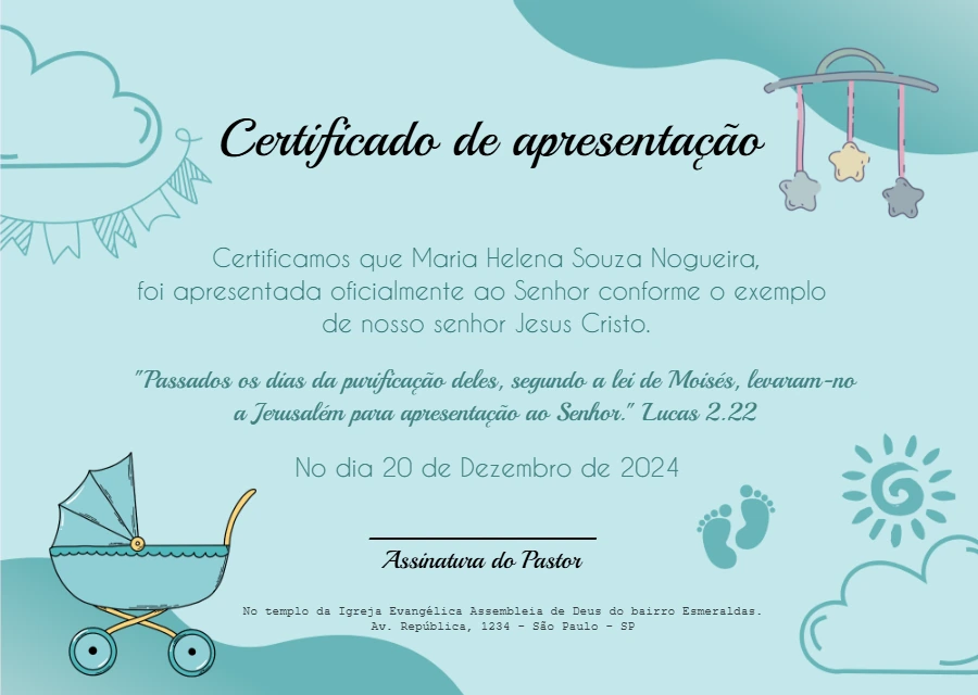 Certificado de Apresentação de Bebê Azul para Editar Online