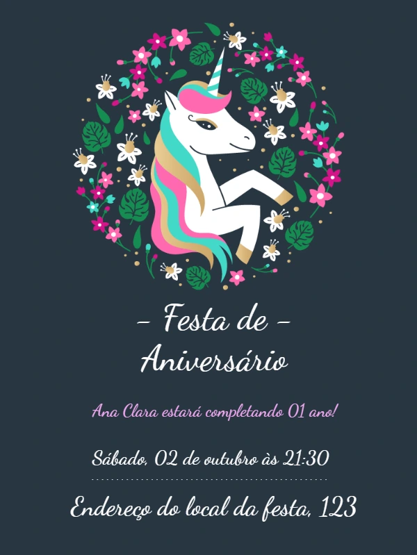 Convite de Aniversário Unicórnio Floral para Editar Online