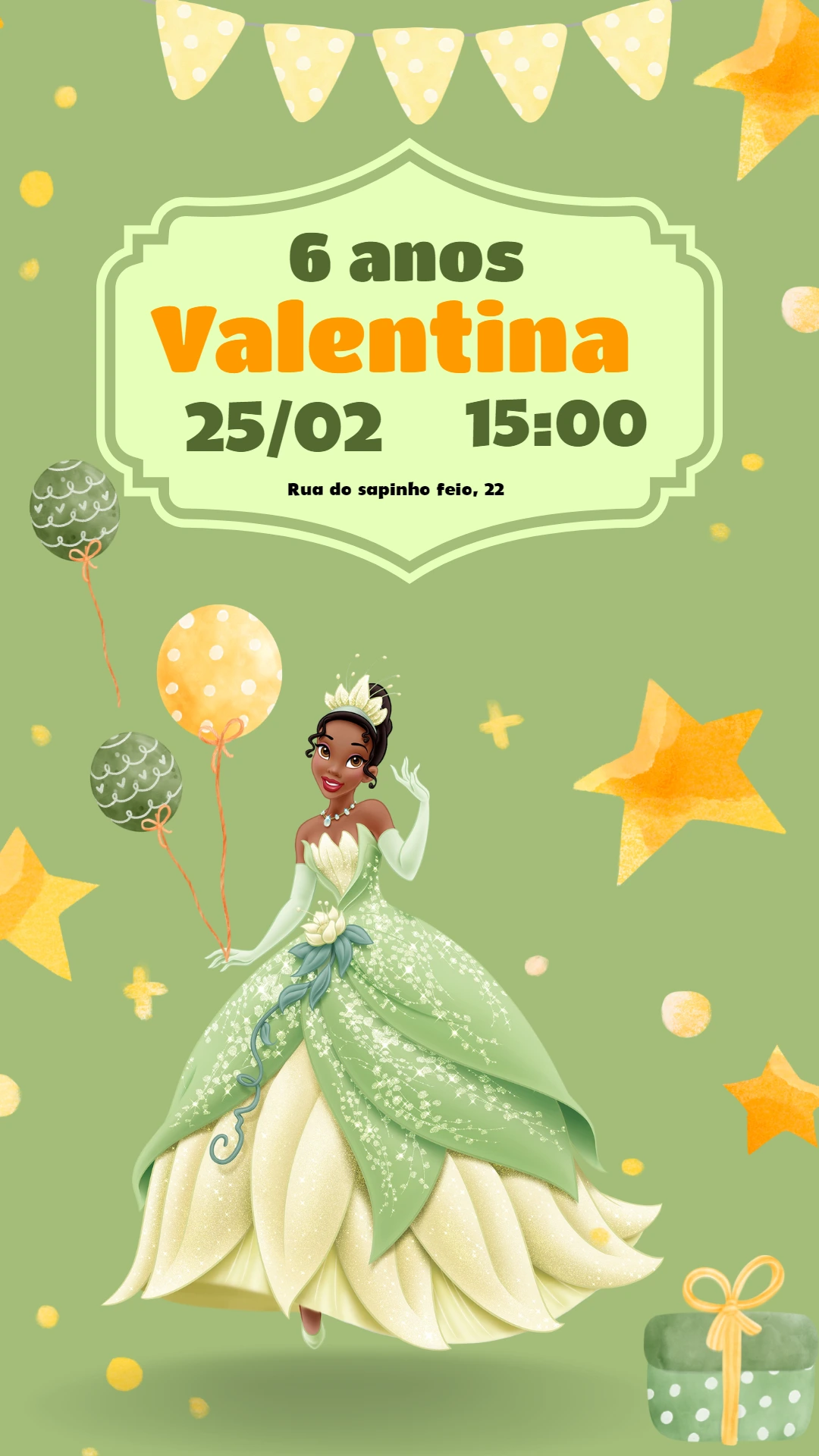 Convite Aniversário Princesa Tiana para Editar Online