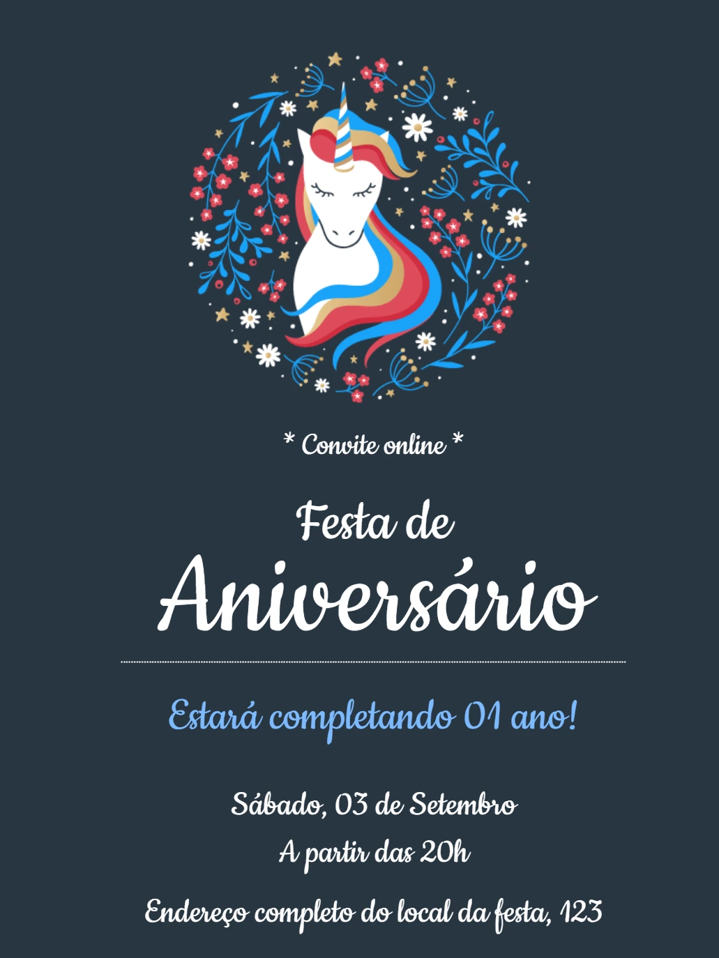 Convite de Aniversário Unicórnio Mágico para Editar Online