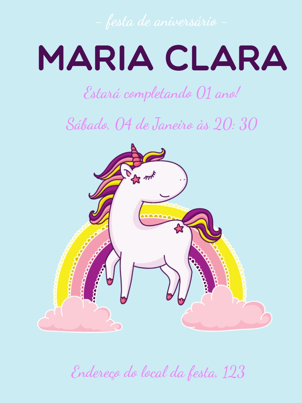 Convite de Aniversário Unicórnio Mágico para Editar Online