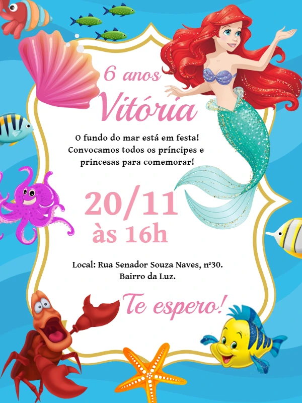 Convite Aniversário A Pequena Sereia para Editar Online