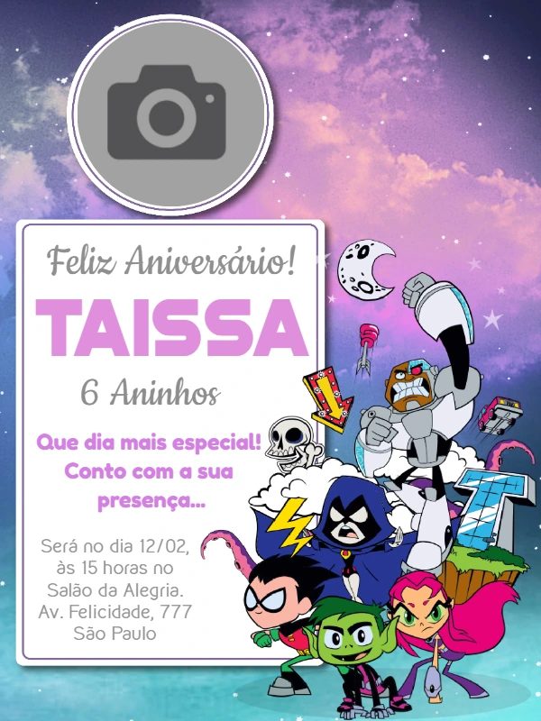 Convite Aniversário Jovens Titãs com Foto para Editar Online
