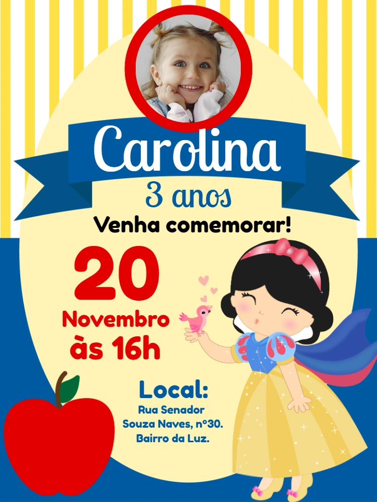 Convite Aniversário Branca de Neve com Foto para Editar Online