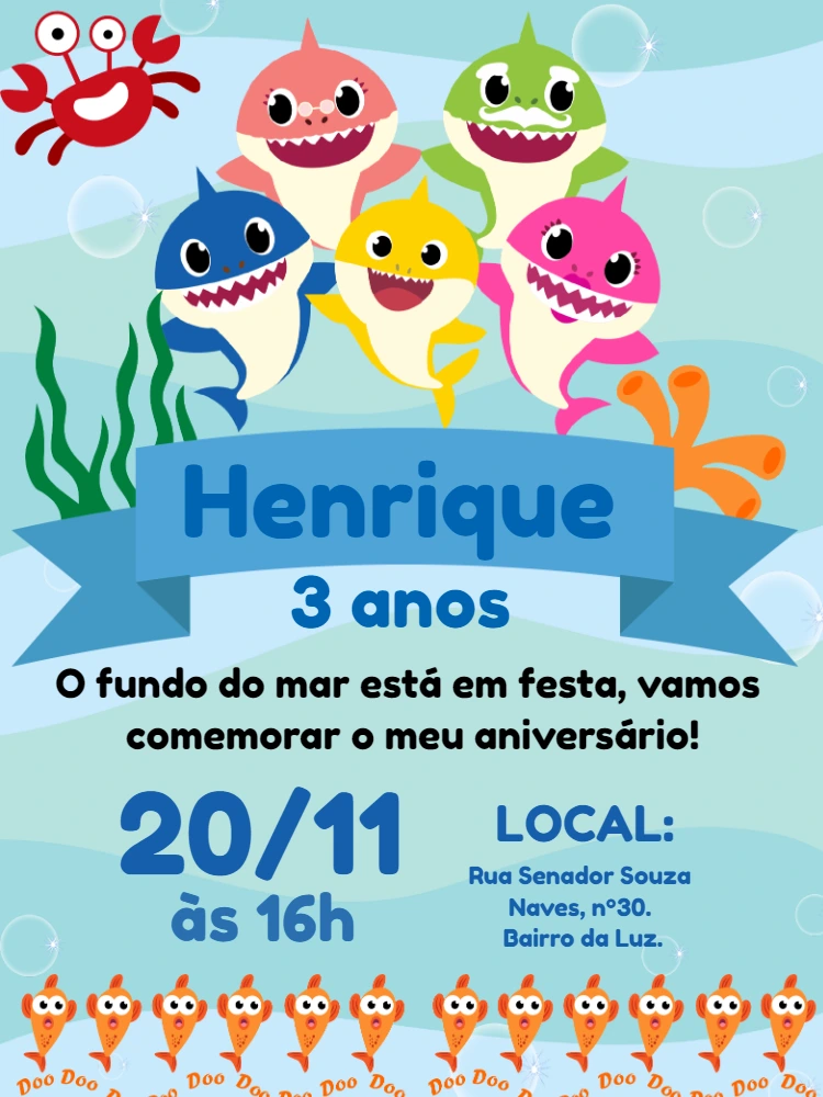 Convite de Aniversário Baby Shark para Editar Online