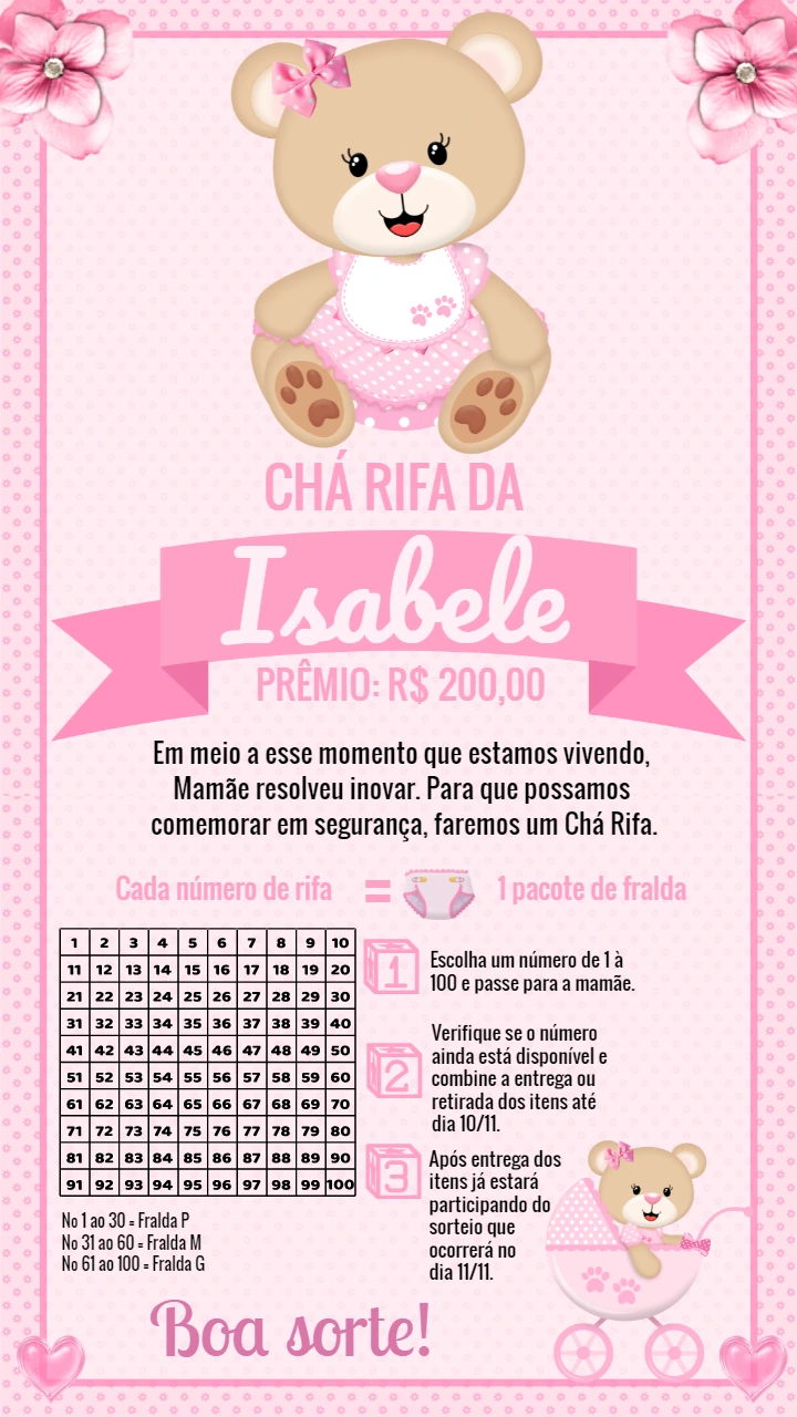 Convite Chá Rifa Ursinha Princesa para Editar Online