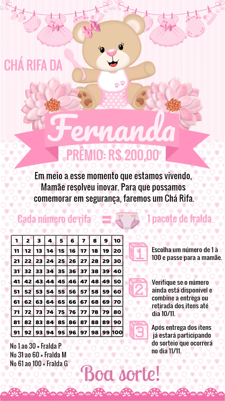 Chá Rifa Ursinha Princesa Rosa para Editar Online