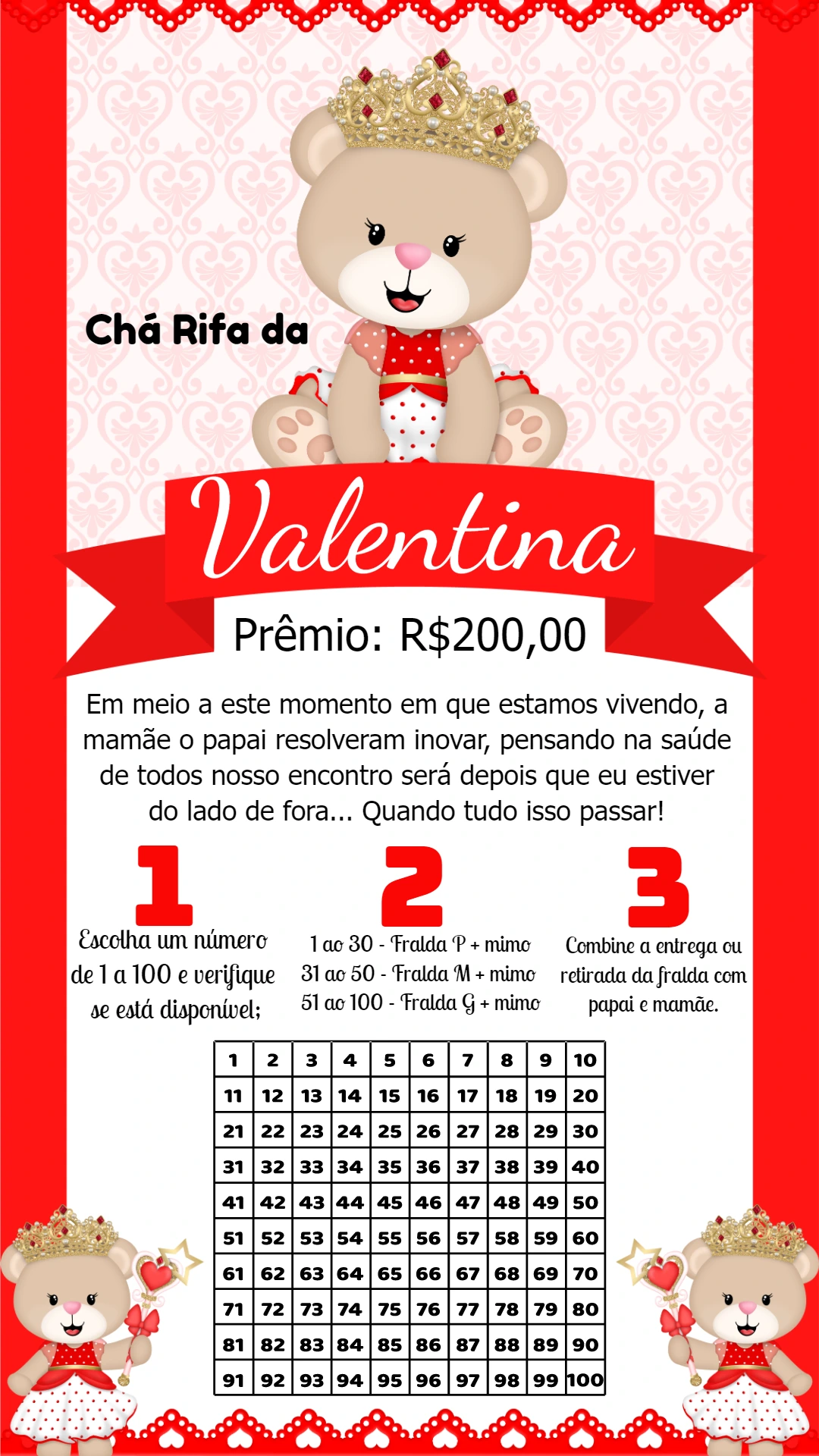Chá Rifa Ursinha Princesa Vermelha para Editar Online