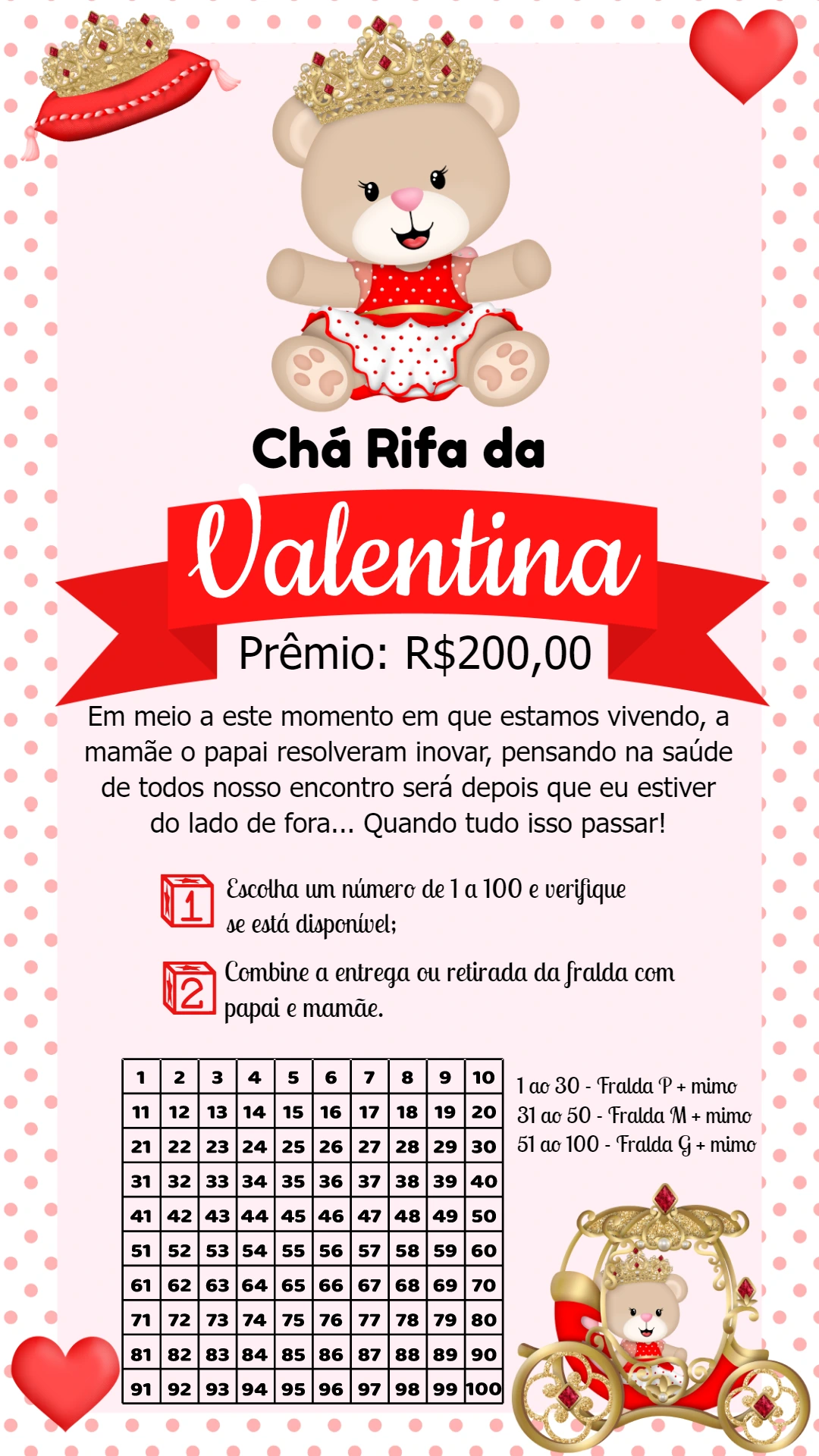 Rifa Chá de Bebê Ursinha Princesa Editável Online para Enviar