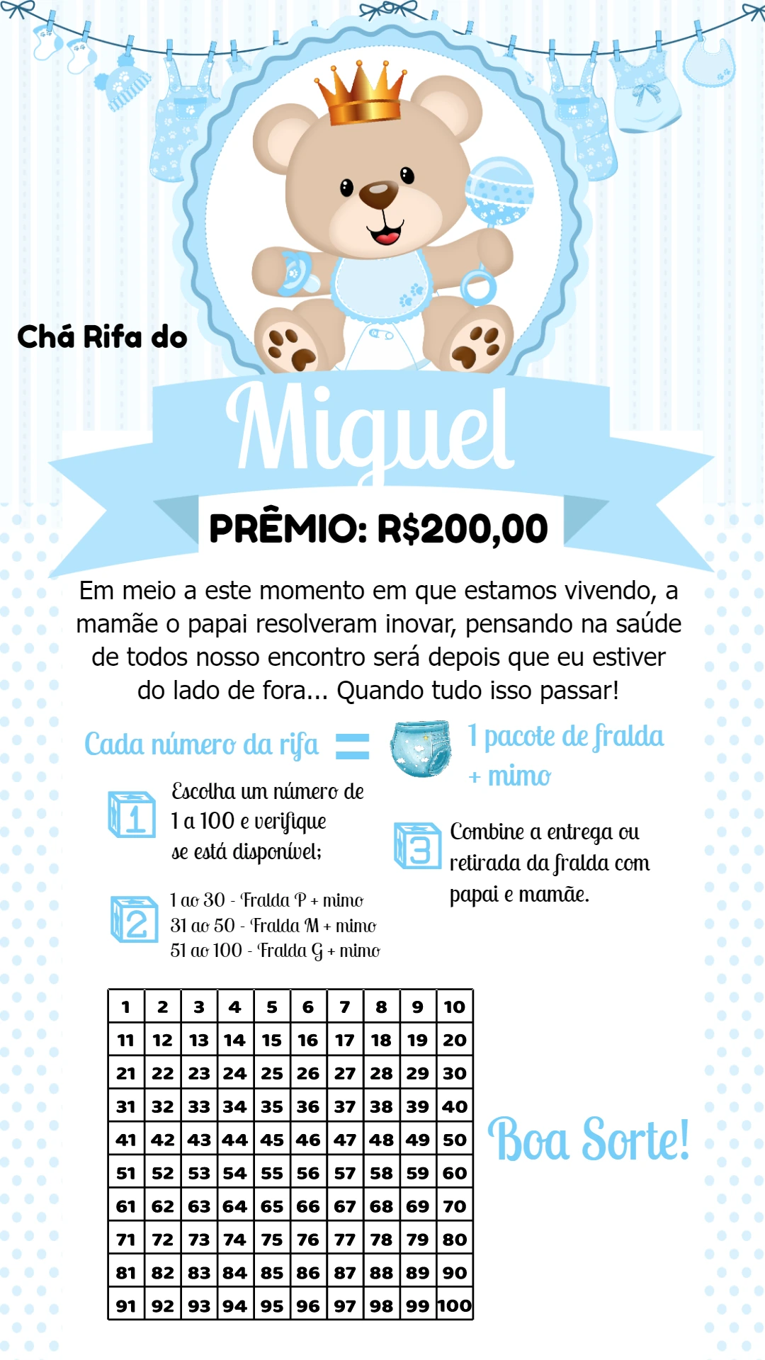 Convite Chá Rifa Ursinho Príncipe Editável Online