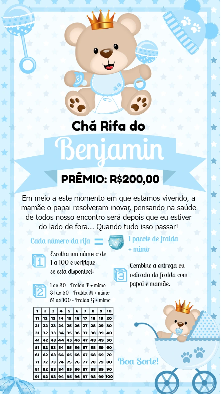 Chá Rifa Ursinho Príncipe Azul Editável Online para Imprimir