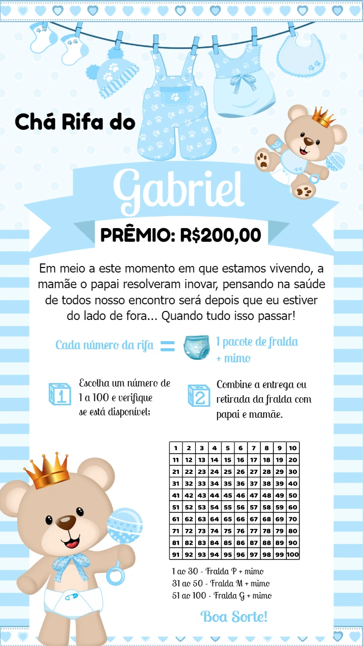 Convite Chá Rifa Ursinho Príncipe para Editar e Enviar