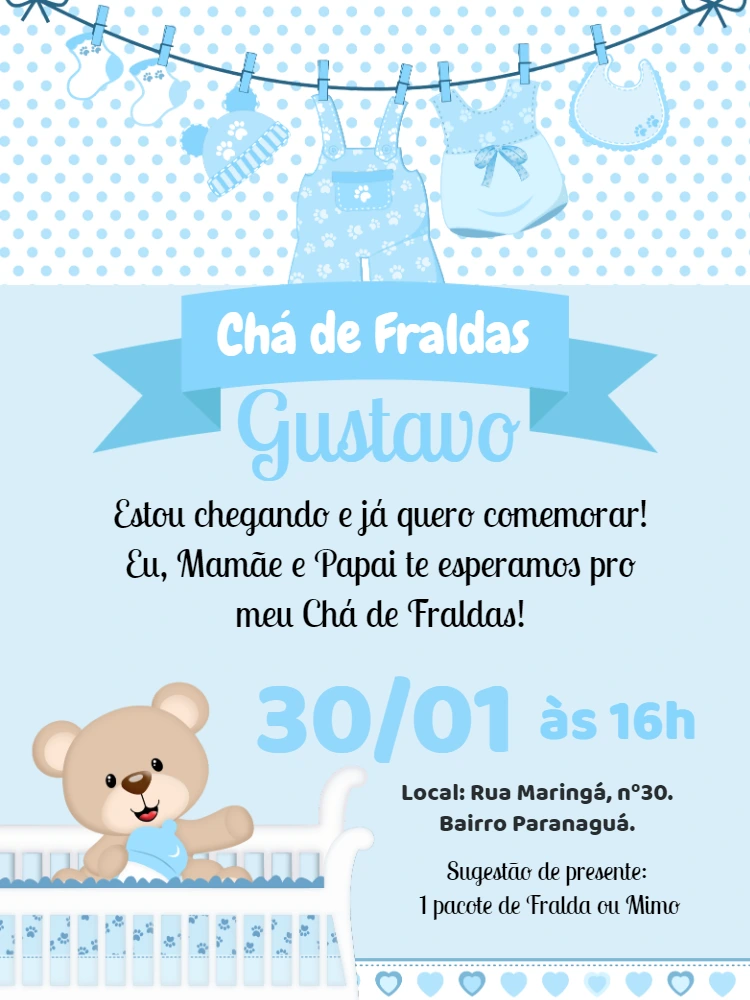 Convite Chá de Fraldas Ursinho Azul para Editar Online