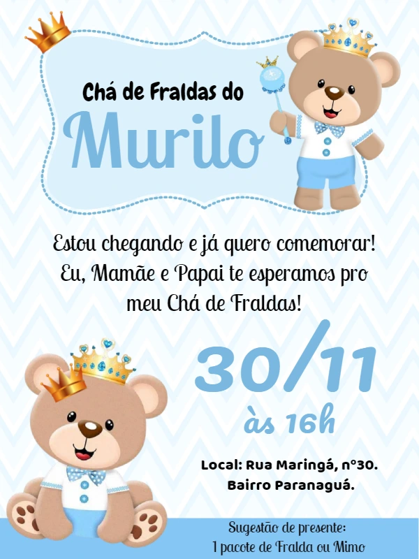 Convite Chá de Fraldas Ursinho Príncipe para Editar Online