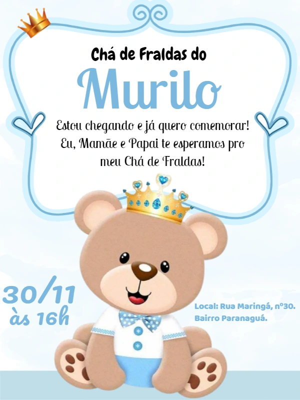 Convite Chá de Fraldas Ursinho Príncipe para Editar Online