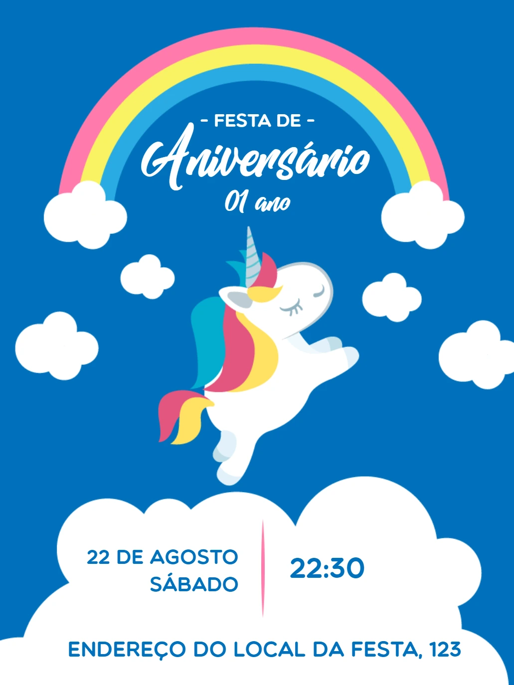 Convite de Aniversário Unicórnio com Arco-Íris para Editar