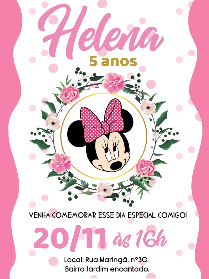 Convite Aniversário Minnie Mouse Rosa para Editar Online