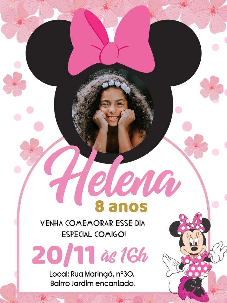Convite Aniversário Minnie Rosa com Foto para Editar Online