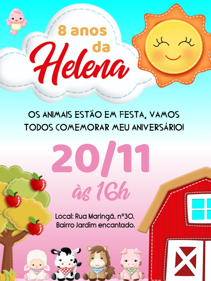 Convite Aniversário Fazendinha com Animais para Editar Online