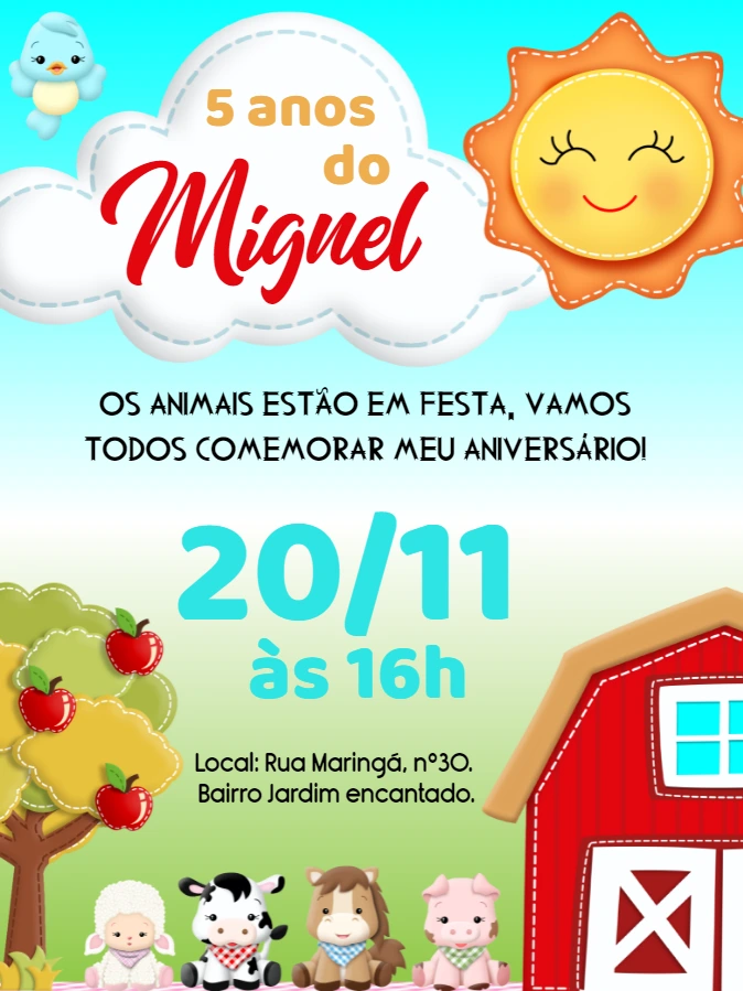 Convite Aniversário Fazendinha com Animais para Editar Online