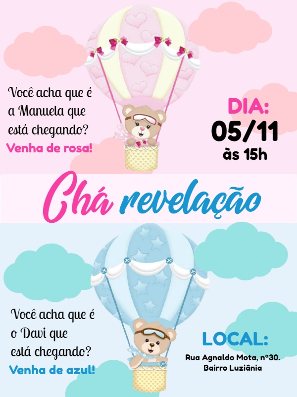 Convite Chá Revelação Ursinhos Baloeiros para Editar Online
