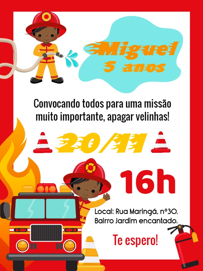 Convite Aniversário Bombeiro Infantil para Editar Online