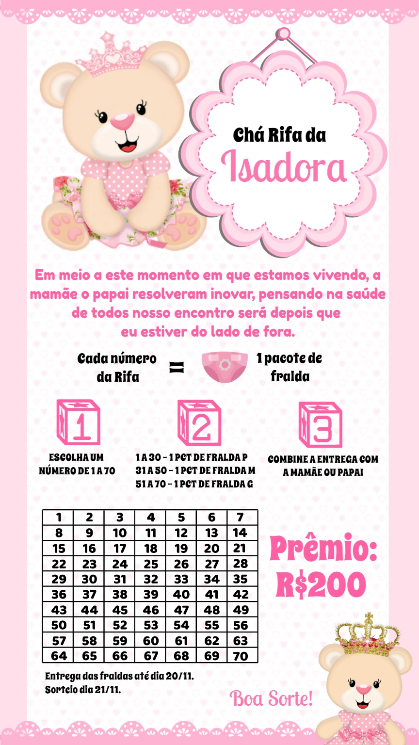 Convite Chá Rifa Ursinha Princesa para Editar Online