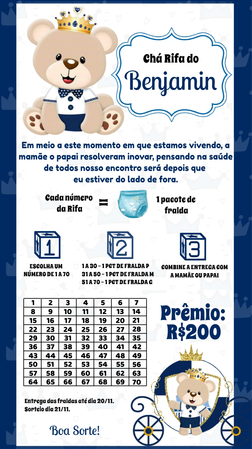 Convite Chá Rifa Ursinho Príncipe Editável Online