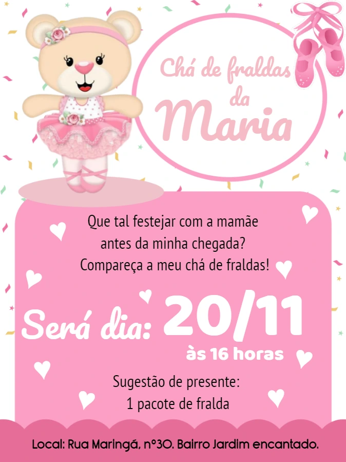 Convite Chá de Fraldas Ursinha Bailarina para Editar Online