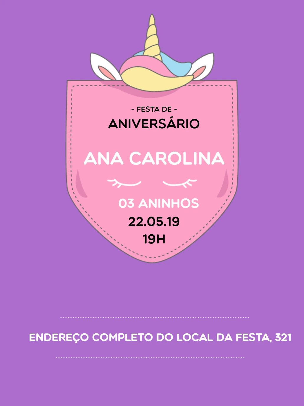 Convite de Aniversário Unicórnio Fofo para Editar Online