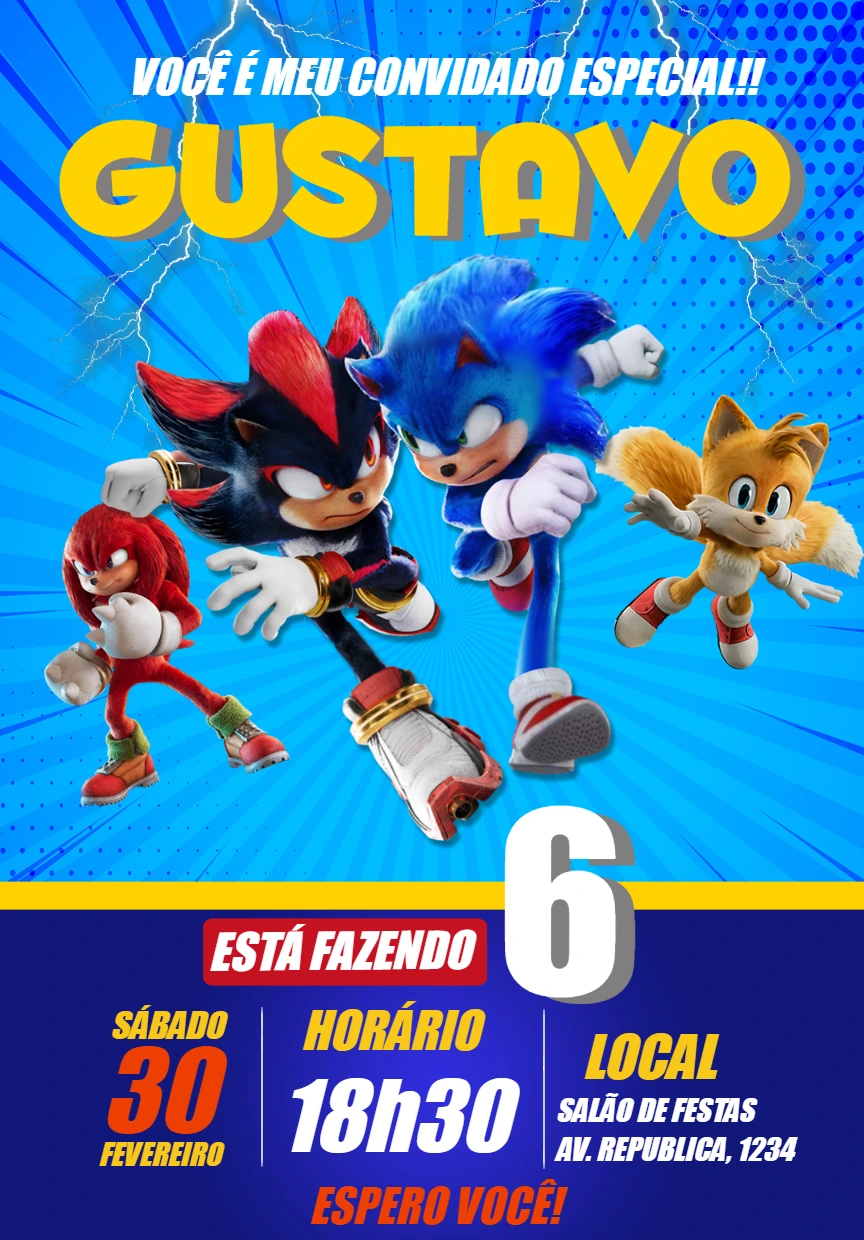 Convite de Aniversário Sonic 3 com Shadow para Editar Online