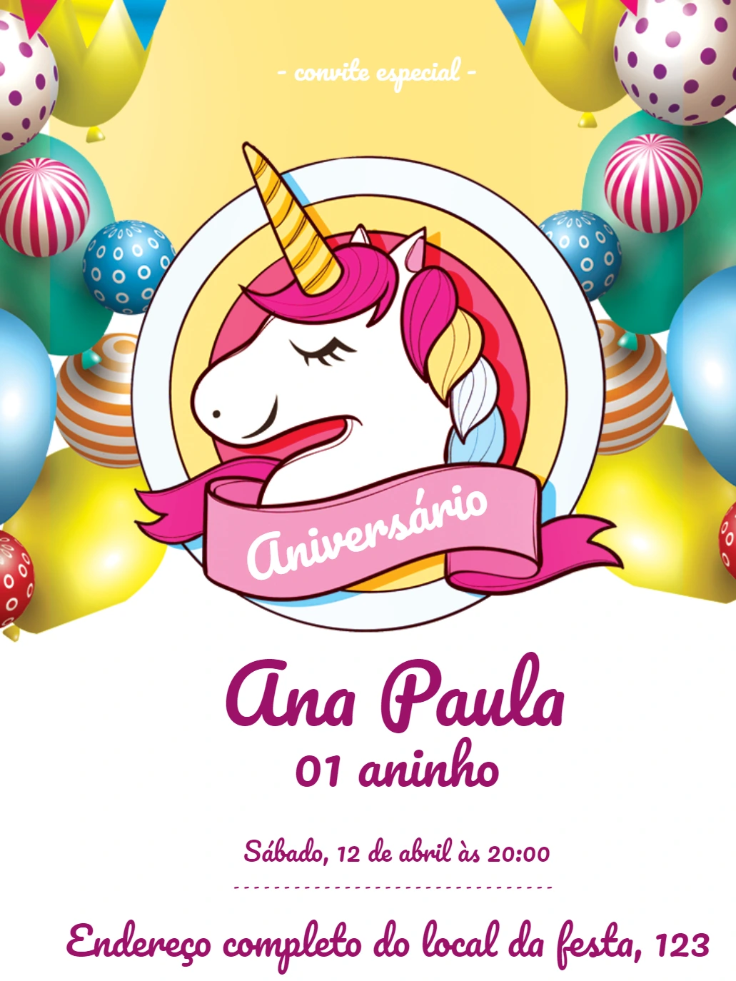 Convite de Aniversário Unicórnio Mágico para Editar Online