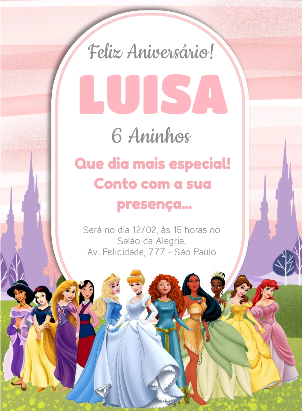 Convite de Aniversário Princesas Disney para Editar Online