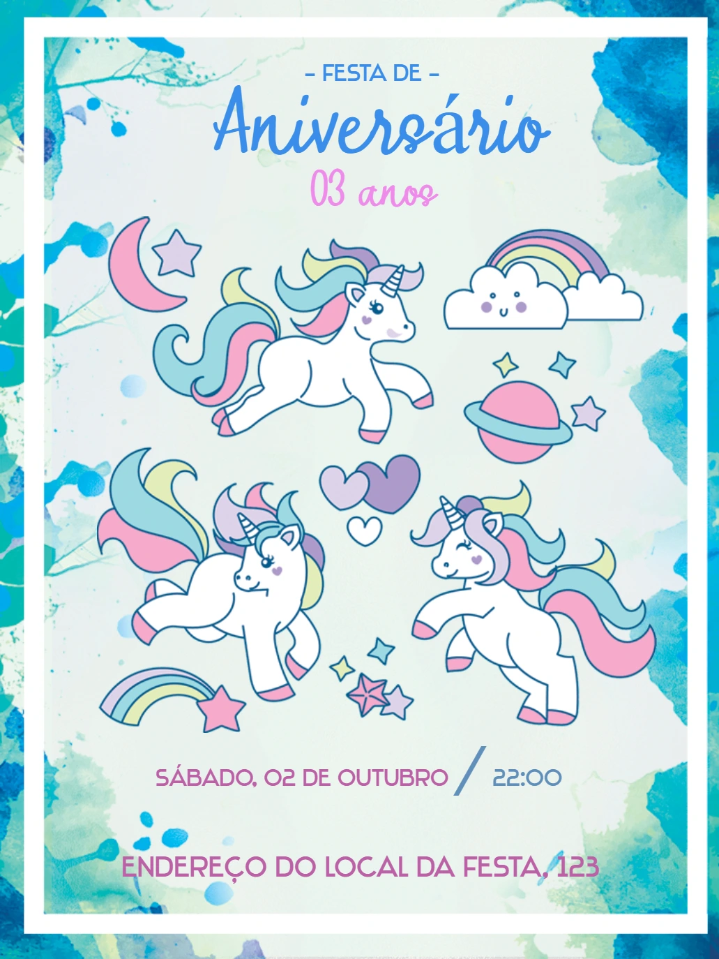 Convite de Aniversário Unicórnio Fofo para Editar Online
