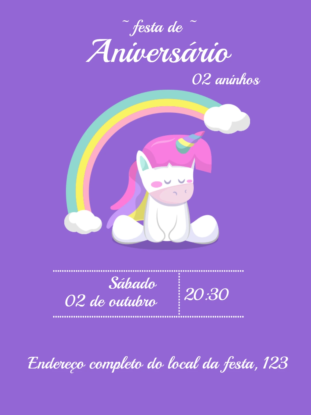 Convite de Aniversário Unicórnio Fofo para Editar Online