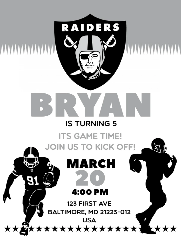 Raiders Football Birthday Invitation to Edit Online