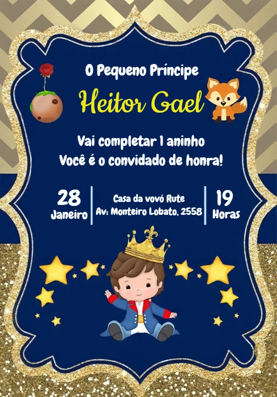 Convite Aniversário Pequeno Príncipe com Glitter para Editar Online