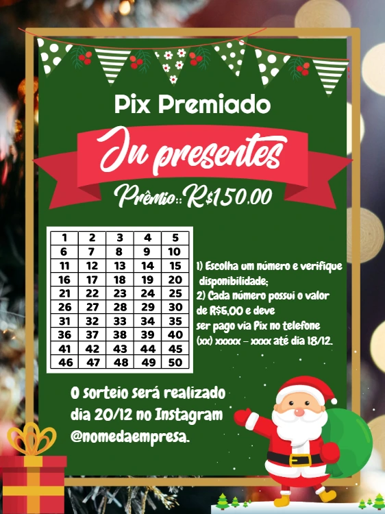 Rifa Pix Premiado de Natal com Papai Noel para Editar Online