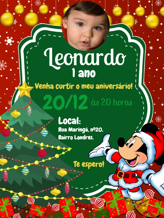 Convite Aniversário Natal do Mickey com Foto para Editar Online