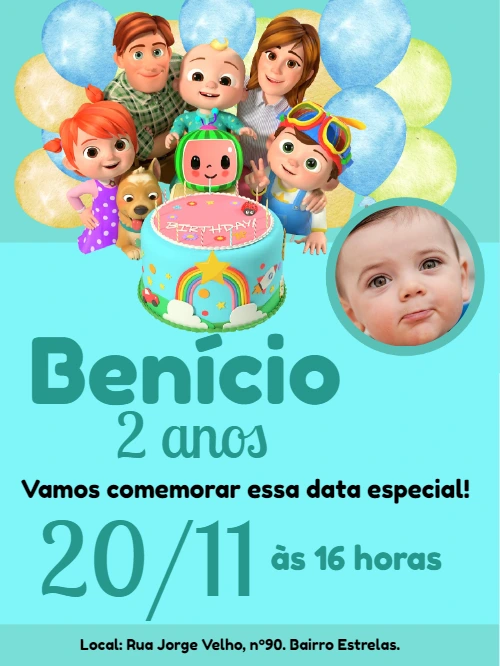 Convite de Aniversário Cocomelon com Foto para Editar Online