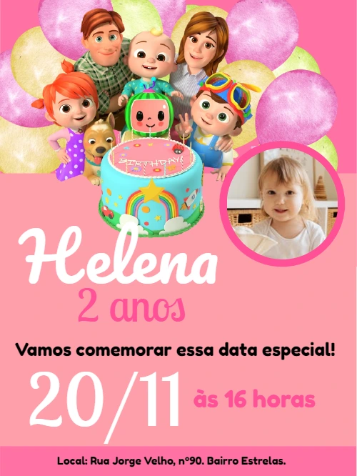 Convite de Aniversário Cocomelon com Foto para Editar Online