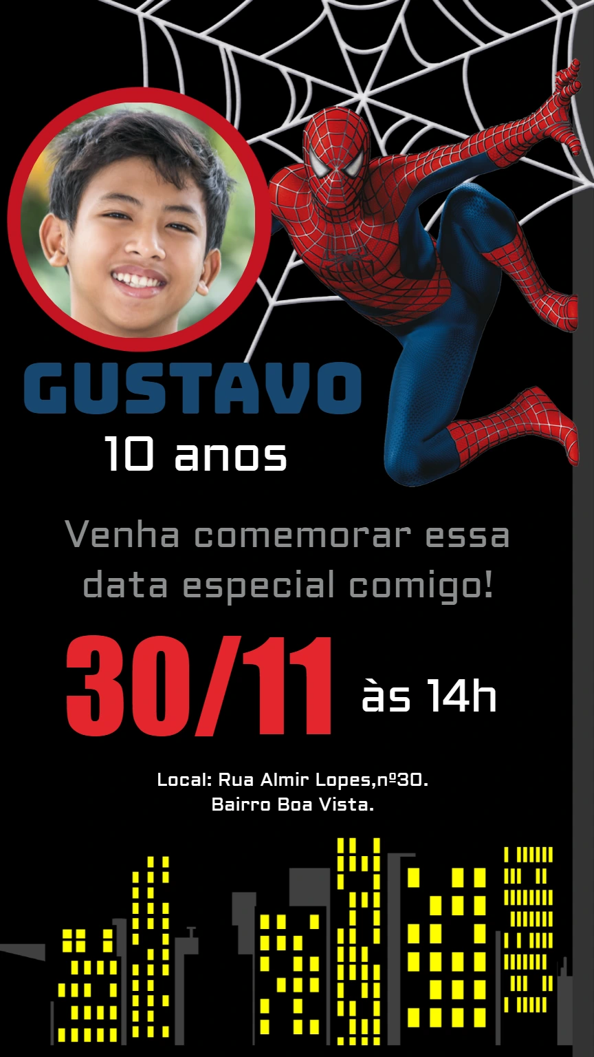 Convite Aniversário Homem Aranha com Foto para Editar Online