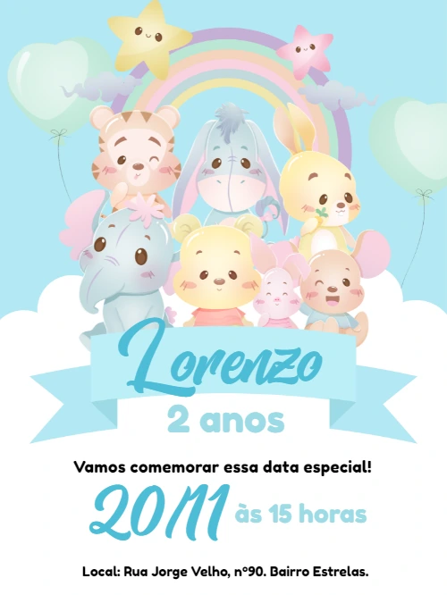 Convite Aniversário Ursinho Pooh Baby para Editar Online