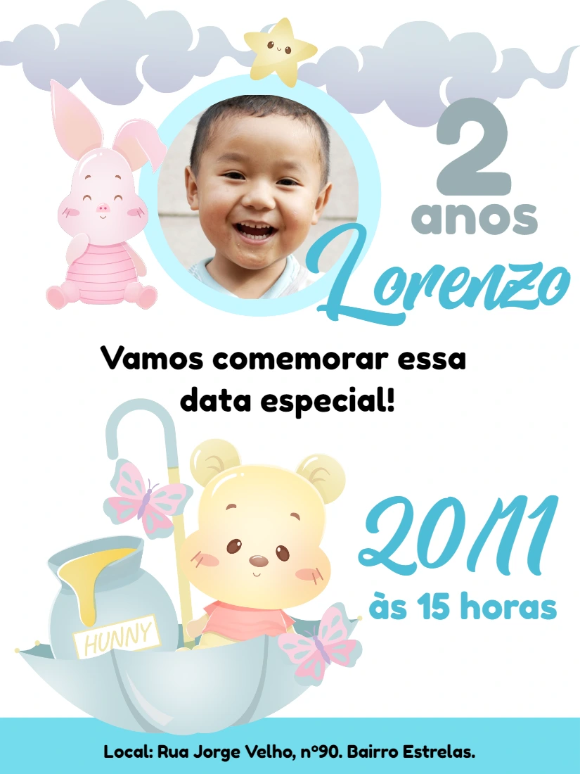 Convite Aniversário Ursinho Pooh Cute com Foto para Editar