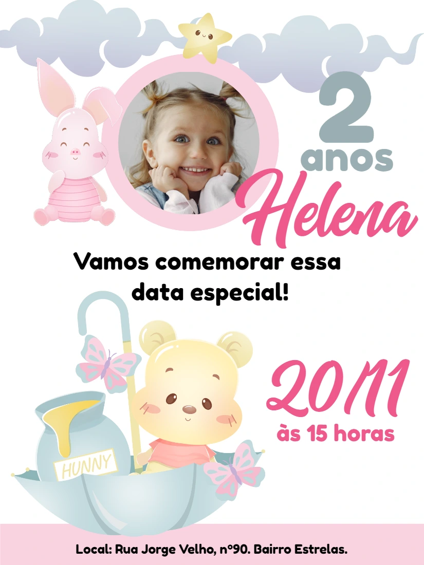 Convite Aniversário Ursinho Pooh com Foto para Editar Online